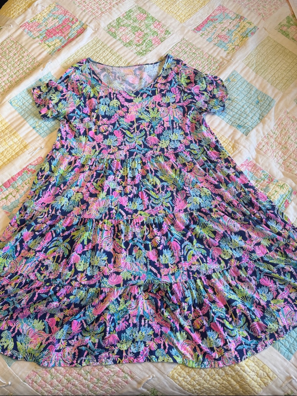 Lilly Pulitzer Navy Floral Tiered Short-Sleeve Dress
